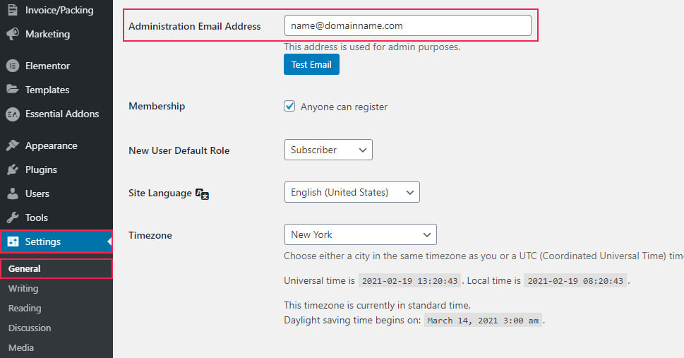 wordpress change admin email